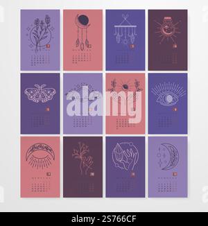 Calendrier avec des dessins mystiques et magiques d'herbes et de cristaux, croissant de lune et main tenant des pierres précieuses. Bouteille avec potion ou élixir. Dates et jours sur les pages. Vecteur dans l'illustration de style plat. Dessins magiques et mystiques, calendrier avec date Illustration de Vecteur