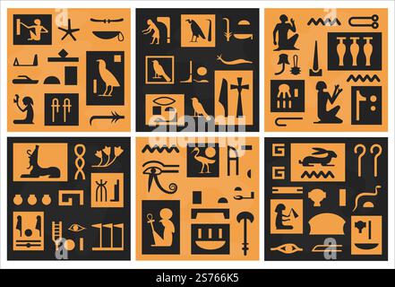 Décoration de hiéroglyphe d'Égypte à l'ensemble de motifs. Éléments historiques anciens à la collection décorative de fond, illustration vectorielle. Hiéroglyphe de culture Trditional à bannière sans couture. Décoration de hiéroglyphe d'Égypte à l'ensemble de motifs Illustration de Vecteur