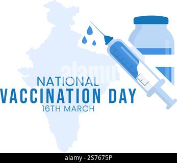 Illustration de la Journée nationale de vaccination sur 16 mars avec seringue de vaccin pour une immunité forte sur un dessin à la main tiré vers le modèle de page d'arrivée Illustration de Vecteur