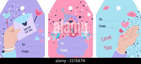 Cartes de vœux Saint-Valentin ou célébration, lettres d'amour avec expression de sentiments. Mains tenant des enveloppes avec des coeurs. Confettis et décoration pour les vacances d'hiver. Vecteur dans le style plat. Lettres d'amour et enveloppes pour la Saint Valentin Illustration de Vecteur