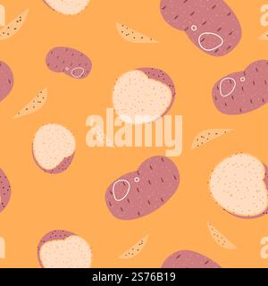 Nourriture de ferme, repas savoureux et nutritif. Tranches et morceaux de pommes de terre fraîches. Préparer le repas et manger des ingrédients équilibrés et biologiques. Motif sans couture, impression de fond ou papier peint. Vecteur dans le style plat. Légumes de pomme de terre frais, impression de modèle de nourriture de ferme Illustration de Vecteur