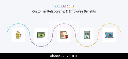 La ligne des relations avec la clientèle et des avantages sociaux a rempli le Pack d'icônes 5, y compris l'ordinateur portable. graphique. document. mise en page. santé Illustration de Vecteur