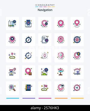 Pack d'icônes Creative navigation 25 Line Fed, tel qu'une carte. goupille de positionnement. broche. heure. horloge Illustration de Vecteur