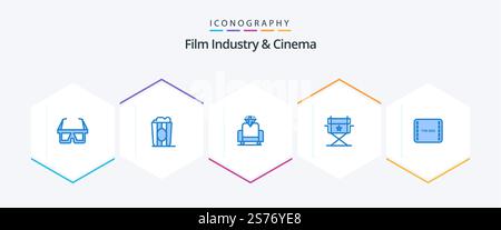 Pack Cenima 25 Blue Icon comprenant une scène. film. cinéma. fin cinéma Illustration de Vecteur