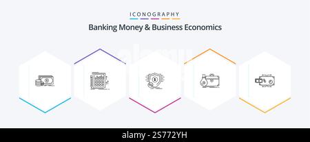 Pack d'icônes de 25 lignes monnaie bancaire et économie d'entreprise, ouvert inclus. entreprise. calculatrice. porte-documents. sécurisé Illustration de Vecteur