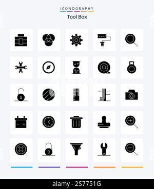 Creative Tools 25 Pack d'icônes noir Uni Glyph, tel que dumbbell. sableuse. zoom. symbole. boussole Illustration de Vecteur