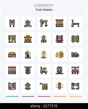 Pack icône Creative train Station 25 Line rempli comme le train. déplacement. cloche. transport. sièges Illustration de Vecteur