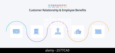 Relation client et avantages pour les employés Blue 5 Icon Pack comprenant un ordinateur portable. articles. tampon. lait. nourriture Illustration de Vecteur