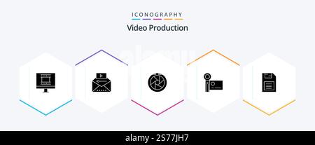 Vidéo production 25 Pack d'icônes Glyph comprenant une caméra vidéo. handycam ®. vidéo virale. appareil photo numérique. Illustration de Vecteur