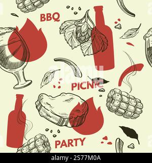 fête pinique avec bière et collations, barbecue et grillades, viande et légumes. Boisson délicieuse et maïs, steak et verre de boisson. Motif sans couture, papier peint ou impression de fond. Vecteur en plat . Fête pinique BBQ avec bières et en-cas Illustration de Vecteur