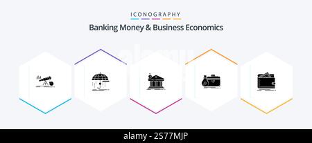 Banking Money and Business Economics 25 Pack d'icônes Glyph avec étui. porte-documents. argent. fédéral. banque Illustration de Vecteur
