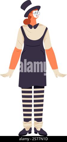 Pantomimist interprète porter des vêtements spéciaux pour le spectacle. Acteur de mime isolé ou actrice faisant rire les gens. Représentation théâtrale sur scène. Artiste de rue avec charisme. Vecteur dans l'illustration de style plat. Acteur MIME, interprète pantomimiste montrant du plaisir Illustration de Vecteur