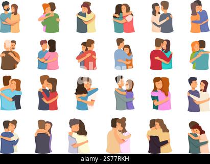 Les icônes chaudes d'embrasser définissent le vecteur de dessin animé. Couple câlin. Famille heureuse. Les icônes chaudes d'embrasser définissent le vecteur de dessin animé. Couple câlin Illustration de Vecteur