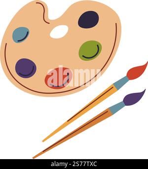 Fournitures scolaires d'art, palette en bois isolée pour mélanger les couleurs, pinceaux pour peindre et dessiner. Cours et cours d'art, apprentissage et étude, techniques créatives. Vecteur dans le style plat. Cours d'art scolaire, palette avec couleurs et pinceau Illustration de Vecteur