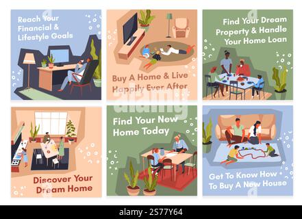 Set de publication de médias sociaux avec offre de vente de maison. Homme plat femme personnage de famille à la maison, acheter un nouveau service immobilier, illustration vectorielle. Collection de conception de réseau pour la publicité de nouvelles propriétés. Set de publication de médias sociaux avec offre de vente de maison Illustration de Vecteur