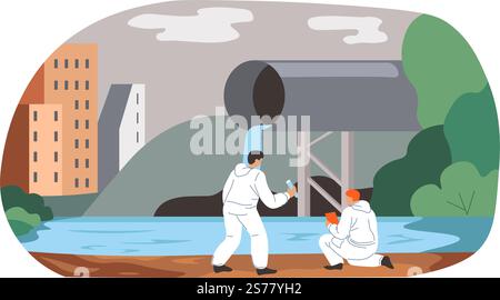 Soin de la nature et prévention des effets nocifs sur l'organisme humain. Scientifiques en costumes faisant l'analyse de l'eau, de la rivière ou du lac dans la ville. Conscience écologique et ressources. Vecteur dans le style plat. Examen de la pollution de l'eau, soin de la nature Illustration de Vecteur