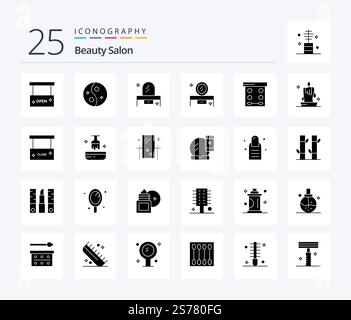 Salon de beauté 25 ensemble d'icônes en glyphe Uni comprenant une coiffeuse. miroir de salon de beauté. style. miroir. tiroir Illustration de Vecteur