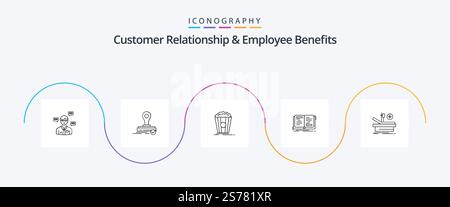 Pack d'icônes de la ligne 5 sur la relation client et les avantages pour les employés comprenant la théorie. histoire. logo. roman. en-cas Illustration de Vecteur
