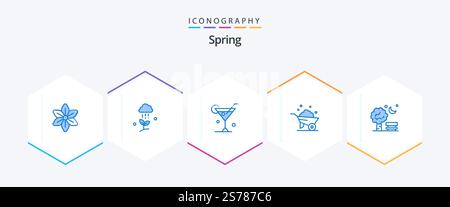 Pack Spring 25 Blue Icon avec banc. roue. pluie. construction. ressort Illustration de Vecteur