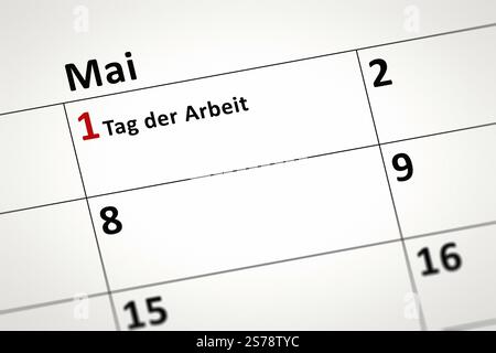 L'image d'un calendrier détail montre le premier mai Fête du travail en langue allemande Banque D'Images