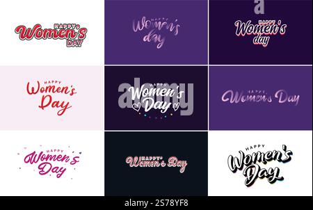 Happy Women&rsquo;s Day design avec une illustration réaliste d'un bouquet de fleurs et une bannière lisant le 8 mars. doté d'une palette de couleurs dégradées Illustration de Vecteur