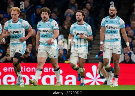 Dublin, Irlande. 19 janvier 2025. Tom Glanville de Bath célèbre le score avec Miles Reid de Bath, Alfie Barbeary de Bath et Joe Cokanasiga de Bath lors de la Coupe des Champions Investec, Poule 2, Round 4 match entre Leinster Rugby et Bath Rugby au Aviva Stadium de Dublin, Irlande le 18 janvier 2025 (photo by Andrew SURMA/ Credit : Sipa USA/Alamy Live News Banque D'Images