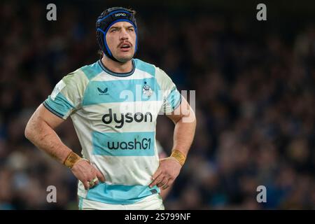 Dublin, Irlande. 19 janvier 2025. Quinn Roux de Bath lors de la Coupe des Champions Investec, Poule 2, Round 4 match entre Leinster Rugby et Bath Rugby à Aviva Stadium à Dublin, Irlande le 18 janvier 2025 (photo by Andrew SURMA/ Credit : Sipa USA/Alamy Live News Banque D'Images