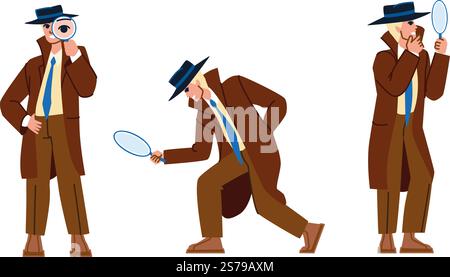 vecteur de police détective. crime d'enquête, conseil d'enquêteur, criminel de bureau, caractère policier détective de la mafia mystérieuse. illustration de bande dessinée plate de gens. vecteur de police détective Illustration de Vecteur