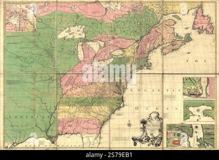 Une carte des dominions britanniques et français en Amérique du Nord, avec les routes, les distances, les limites et l'étendue des colonies, 1755 par Mitchell John, Cóvens Jean., mortier Corneille. Banque D'Images