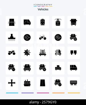 Creative Vehicles 25 Pack d'icônes noir Uni Glyph, tel que bus. transport. chemin de fer. tram. air Illustration de Vecteur