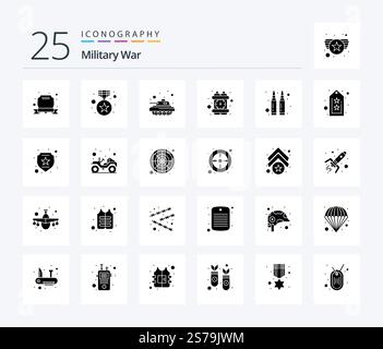 Militaire War 25 Solid Glyph Icon pack comprenant un pistolet. char d'armée. bombe à retardement. crime Illustration de Vecteur