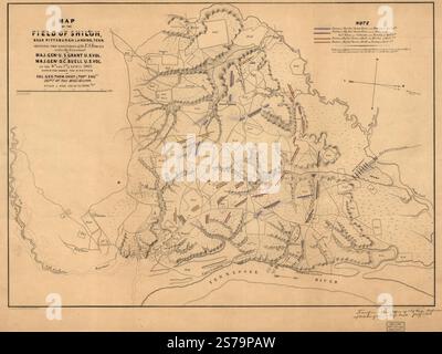 Carte du champ de Shiloh, près de Pittsburgh Landing, Tenn., montrant les positions des forces américaines sous le commandement du Major Genl. U. S. Grant, U.S. Vol. et Maj. Genl. D. C. Buell, U.S. Vol. les 6 et 7 avril 1862 1862 par Matz Otto H. Banque D'Images