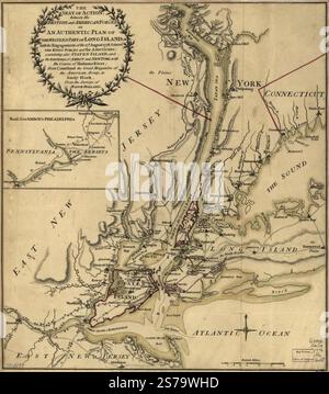 Le siège de l'action, entre les forces britanniques et américaines ; ou, un plan authentique de la partie ouest de long Island, avec l'engagement du 27 août 1776 entre les forces du roi et les Américains : contenant également Staten Island, et les environs d'Amboy et de New York, avec le cours de Hudsons River, de Courtland, le grand magazine de l'armée américaine, à Sandy Hook, 1776 par Holland Samuel, Robert Sayer et John Bennett (firme) Banque D'Images
