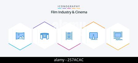 Pack d'icônes bleues Cenima 25 avec moniteur. bureau. hd. ordinateur. bande de film Illustration de Vecteur