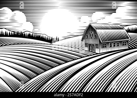 Farm Barn et Rolling Hills Vintage Woodcut style Illustration de Vecteur