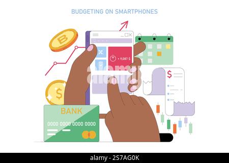 Concept des technologies financières. Smartphone affichant des outils de gestion budgétaire et de crypto-monnaie, ainsi que des cartes de crédit et des graphiques financiers. Services bancaires mobiles et suivi des investissements. Illustration vectorielle. Illustration de Vecteur