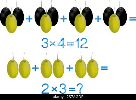 Jeux éducatifs pour les enfants, action de multiplication, exemple avec des olives. Illustration de Vecteur