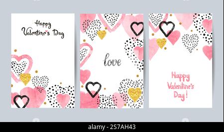 Ensemble de cartes de Saint-Valentin avec coeurs aquarelles roses. Affiches d'amour Illustration de Vecteur