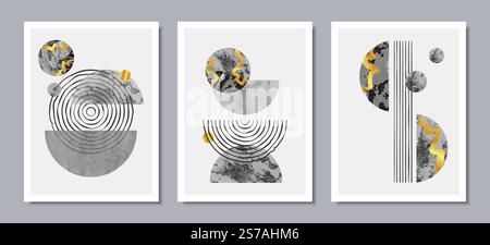 Ensemble vectoriel d'art mural abstrait minimal. Affiches tendance, design moderne du milieu du siècle dans des couleurs noires et dorées Illustration de Vecteur