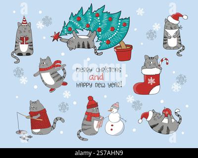 Ensemble de Noël et nouvel an avec des chats de bande dessinée mignons. Collection de vacances de vecteur avec arbre de Noël, bas et chapeau de Père Noël Illustration de Vecteur