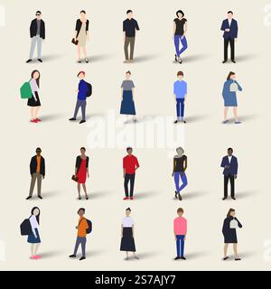 Figures simples, un ensemble de personnages humains différents. Personnes debout noires et blanches. Habitants adultes de la ville en pleine hauteur. Illustration vectorielle plate Illustration de Vecteur