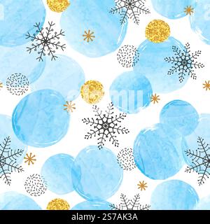 Motif de Noël avec des cercles bleus aquarelle et des flocons de neige. Illustration d'hiver vectorielle sans couture Illustration de Vecteur