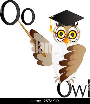 Illustration pour enseigner aux enfants l'alphabet anglais avec professeur de hibou de dessin animé. La lettre O. Illustration de Vecteur