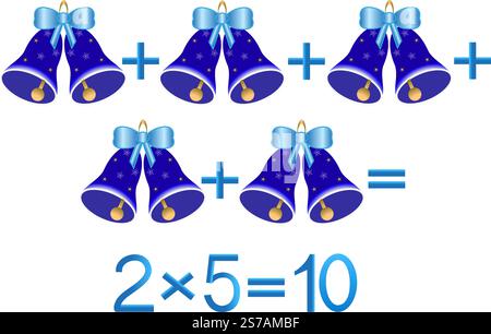 Jeux éducatifs pour enfants, action de multiplication, exemple avec cloches. Illustration de Vecteur