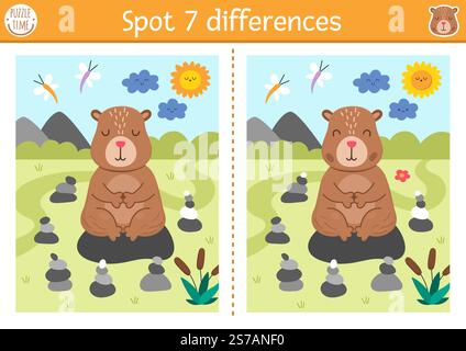 Trouver le jeu des différences pour les enfants. Activité éducative capybara avec animal mignon méditant dans le jardin de pierre. Puzzle pour les enfants avec capibara. Printabl Illustration de Vecteur