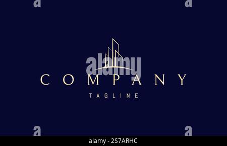 Logo doré vectoriel avec une image abstraite d'une ville moderne à l'horizon. Illustration de Vecteur