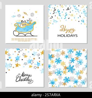 Cartes et motifs joyeux Noël ensemble dans des couleurs bleues et dorées. Modèles vectoriels de célébration avec traîneau de Père Noël et flocons de neige Illustration de Vecteur