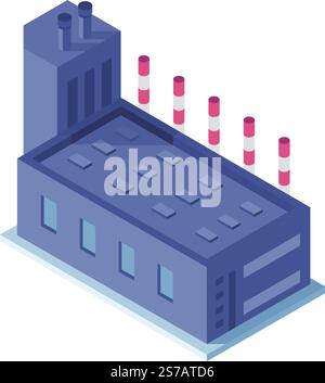 Illustration vectorielle isométrique représentant un bâtiment d'usine moderne avec des cheminées fumantes polluant l'environnement, symbolisant le productio industriel Illustration de Vecteur