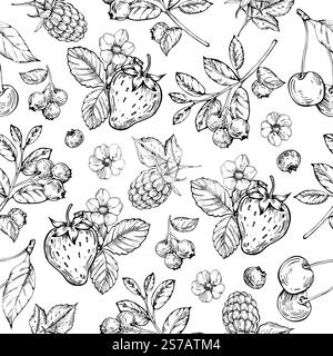 Motif sans couture de vecteur de baies dessiné à la main à l'encre. Fraise, cerise, framboise et myrtille Illustration de Vecteur
