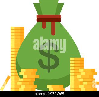 Sac d'argent vert avec un signe de dollar proéminent, entouré de piles de pièces d'or brillantes, représentant l'épargne, l'investissement, la richesse et la financia Illustration de Vecteur